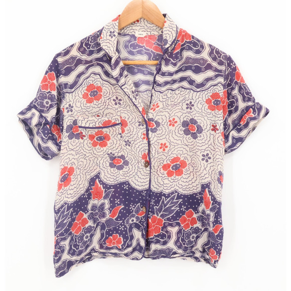 Warm‎ Boxy Floral Button Top Womens Boho Indie Cherry Blossom Wave Artsy Size S - Picture 1 of 10
